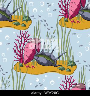 Vettore di Seamless pattern con barriera corallina. Conchiglie di mare Design Illustrazione. Conchiglie, Seastar, coralli e sabbia. Cartoon di disegno 3d. Coral reef. Illustrazione Vettoriale