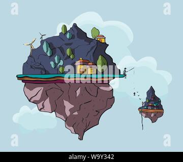 Isola galleggiante, 3d fantasy terra verde paesaggio. Cartoon magic eco illustrazione con colline e case. Illustrazione Vettoriale