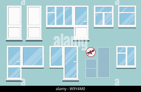 Set di isolati in plastica bianco pvc finestre in camera con maniglia. Illustrazione Vettoriale