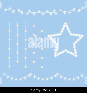 Natale Luce calda raccolta lampade isolato su sfondo blu. Illustrazione Vettoriale