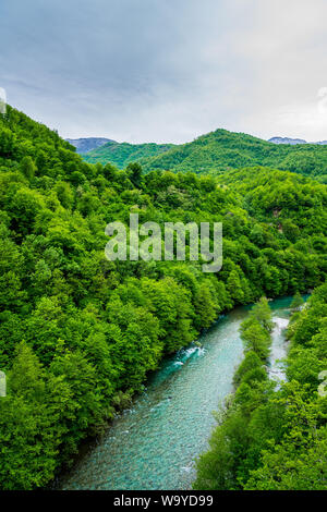 Montenegro e montagnoso verde bosco coperte natura paesaggio che circonda le acque turchesi del fiume di moraca nel famoso canyon di moraca Foto Stock