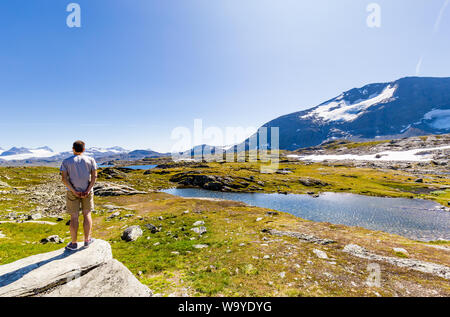 L'uomo godendovi lo splendido paesaggio nazionale lungo il percorso panoramico tra Sognefjellet Skjolden e Lorn in Sogn og Fjordane in Norvegia occidentale. Foto Stock