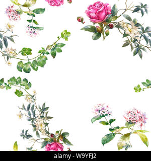 La pittura ad acquerello di foglie e fiori, seamless pattern su sfondo bianco Foto Stock