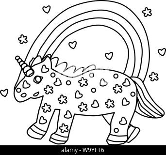 Libro da colorare unicorn e Rainbow. Disegno di colore bianco per i bambini. I bambini creativi della colorazione. Carattere da favola. Illustrazione Vettoriale