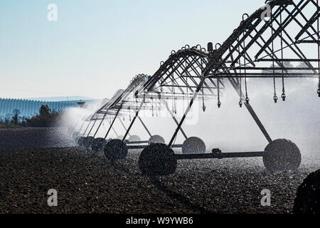 Movimento laterale del sistema di irrigazione. Semovente per impianto di irrigazione. In provincia di Cordoba, Spagna. Foto Stock