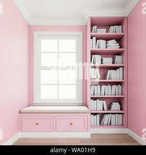 Comodi finestra imbottito sedile con cassetti in una finestra nook con libreria e libri. Rosa millenario pareti colorate. Rivestimento, stampaggio, corona e battiscopa Foto Stock