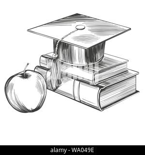 Tappo di laureati e libri, istruzione set vintage disegnati a mano illustrazione vettoriale disegno realistico Illustrazione Vettoriale