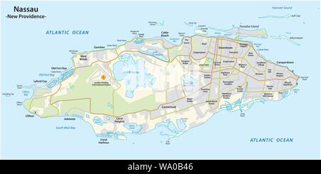 Mappa di Nassau capitale delle Bahamas sull'isola di New Providence Illustrazione Vettoriale