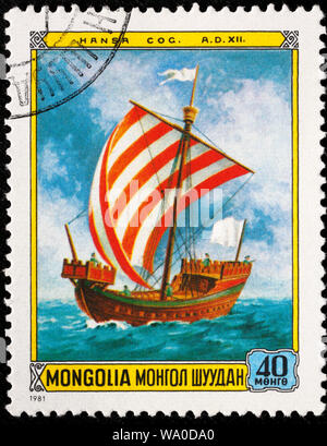 Nave della Lega Anseatica, XIII-XV secolo, Cog, francobollo, Mongolia, 1981 Foto Stock