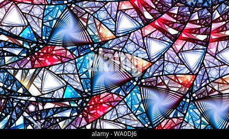 Incandescente colorate in vetro colorato, generato dal computer sfondo astratto, modello triangolare 8k, 3D rendering Foto Stock