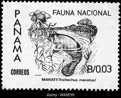 West Indian lamantino, Trichechus manatus, francobollo, Panama, 1984 Foto Stock