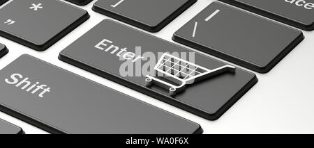 E shop, e commerce concetto. Carrello spesa Carrello icona su un computer portatile il tasto invio. 3d illustrazione Foto Stock