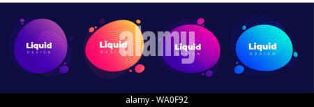 Quattro colore liquido copre impostato in uno sfondo scuro. Il flusso di fluido, composizione di forme.viola, giallo e blu. Teamplate futuristico design gradiente Illustrazione Vettoriale