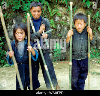 Contenti i bambini i ragazzi e una ragazza pone nel cortile, un villaggio fuori SAPA, Vietnam. Foto Stock