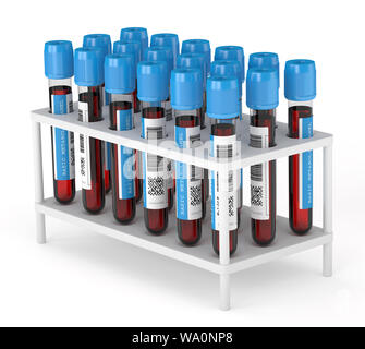 3D render di base pannello metabolico provette per prelievo ematico nel contenitore su sfondo bianco Foto Stock