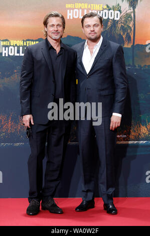 Brad Pitt e Leonardo DiCaprio frequentando il "C'era una volta ... in Hollywood' premiere presso le Sale del Cinestar di Sony Center di Potsdamer Platz il 1 agosto 2019 a Berlino, Germania. Foto Stock