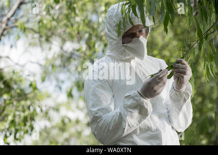 Ecologista in costume protettivo e respiratore toccando le foglie nella foresta Foto Stock