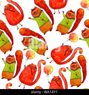 Motivo senza cuciture di gatti rossi felici dipinti in acquerello su sfondo bianco Foto Stock