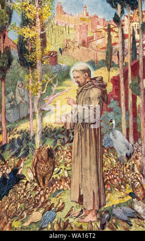 San Francesco predica agli uccelli. San Francesco di Assisi, nato Giovanni di Pietro di Bernardone, 1181/1182 - 1226. Cattolica italiana frate, diacono e predicatore. Dal libro di santi e di eroi, pubblicato 1912. Foto Stock