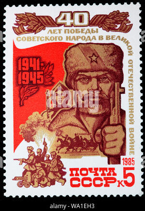 Partigiano, quarantesimo anniversario della vittoria nella Seconda Guerra Mondiale, francobollo, Russia, URSS, 1985 Foto Stock