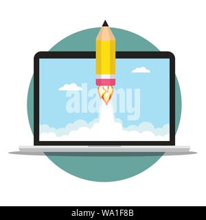 Razzo a matita volare fuori il portatile. Illustrazione Vettoriale Illustrazione Vettoriale