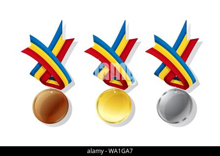 Il rumeno medaglie di oro, argento e bronzo con bandiera nazionale. Vettore isolato degli oggetti su sfondo bianco Illustrazione Vettoriale