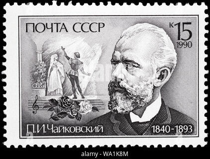 Pyotr Tchaikovsky (1840-1893), il compositore russo dell'età Romantica, francobollo, Russia, URSS, 1990 Foto Stock