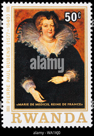 Maria de' Medici, Maria de' Medici (1575-1642), regina di Francia, ritratto da Peter Paul Rubens, francobollo, Ruanda, 1977 Foto Stock