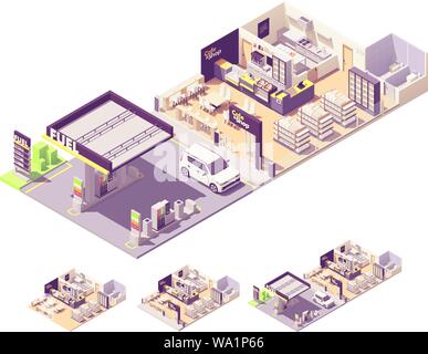 Vector isometrica stazione gas interno Illustrazione Vettoriale