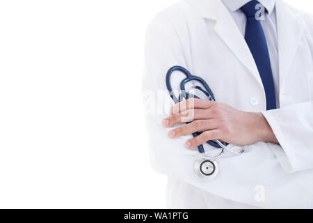 Medico tenendo uno stetoscopio close-up. Foto Stock