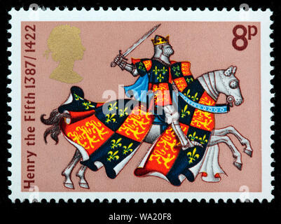 Enrico V (1387-1422), re d'Inghilterra, cavaliere medievale, francobollo, UK, 1974 Foto Stock