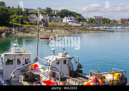 8 Agosto 2019 Una vista del villaggio di Ardglass main street in ombra in un caldo giorno d'estate. Preso da attraverso il porto al ruotare della marea Foto Stock