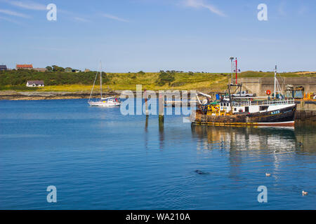 8 agosto 2019 Trawler presso la banchina per il week-end di Ardglass Harbour contea di Down Irlanda del Nord come un piccolo yacht fa il suo modo alla locale mar Foto Stock