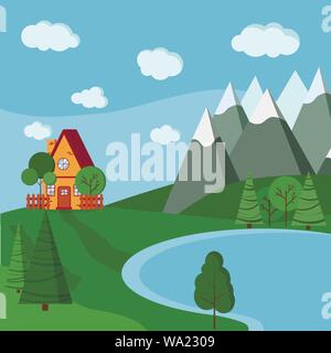 Primavera o estate lago paesaggio con cartoon country house con le recinzioni, verdi alberi, abete, nuvole, road, montagne Illustrazione Vettoriale