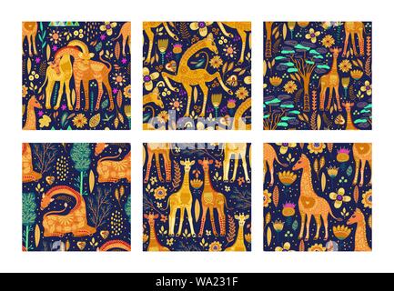 Seamless patten set di vettore con carino disegnato a mano le giraffe decorati in stile scandinavo. Africa animale raccolta dello sfondo. Estate safari piatto di moda Illustrazione Vettoriale