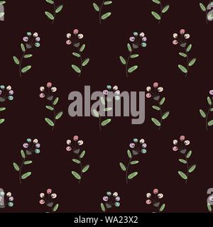 Stile Linocut rosa, azzurro fiori e foglie verdi con offset colore. Vettore di Seamless pattern su maroon sfondo nero. Warm homespun vibe. Ideale per Illustrazione Vettoriale