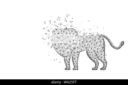 Lion bassa poli design, Animali africani astratta immagine geometrica, gatto selvatico wireframe poligonale mesh illustrazione vettoriale costituito da punti e linee su whi Illustrazione Vettoriale