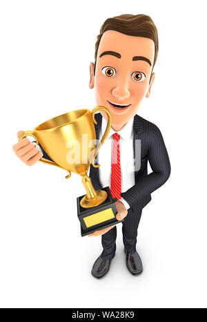3d imprenditore in piedi con la Gold Cup Trofeo, illustrazione isolato con sfondo bianco Foto Stock