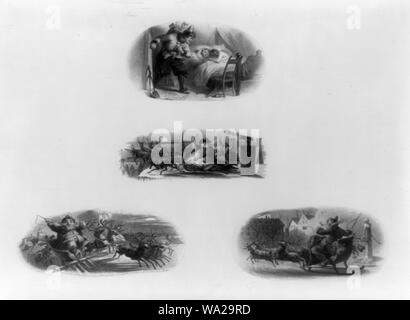 Nota banca vignette mostra Santa Claus visitando due bambini nel letto e Babbo Natale in slitta Foto Stock