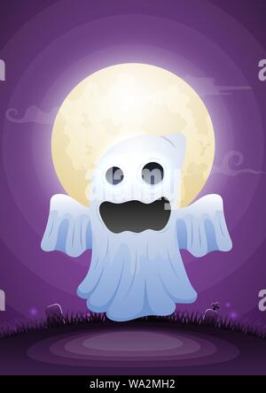 Halloween Ghost in the la luna e il cimitero. Happy halloween sfondo per sito web banner, volantini, invito, manifesti, brochure o promozione Illustrazione Vettoriale