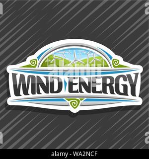 Il logo del vettore per l'energia eolica, bianco segno creativo con molti mulini a vento sulle verdi colline di estate e il blu cielo nuvoloso, lettering originale per parole vento ener Illustrazione Vettoriale