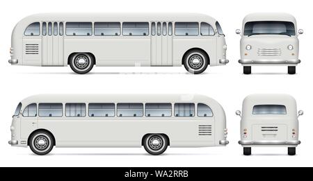 Retrò vettore bus mockup su sfondo bianco vista dal lato anteriore, posteriore. Tutti gli elementi in gruppi su livelli separati per facilitare le operazioni di editing e ricolorare Illustrazione Vettoriale