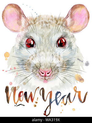 Carino ratto bianco con la scritta nuovo anno per t-shirt grafica. Acquerello illustrazione di ratto Foto Stock