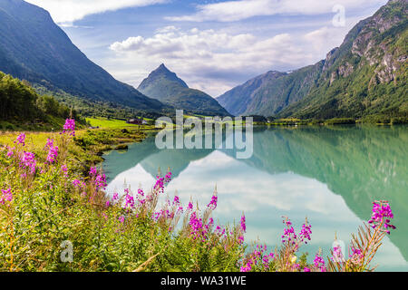 Panorama di montagna con la montagna Eggenipa riflettendo in un lago in Gloppen lungo la superstrada E39 in Sogn og Fjorden county in Norvegia Foto Stock