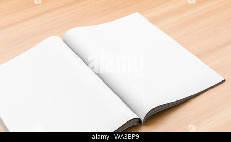 Rivista realistico, brochure, libro o catalogo mock up su sfondo di legno. 3D'illustrazione. Foto Stock