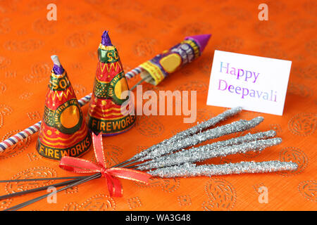 Close up of Diwali firecrackers with greeting card Stock Photo