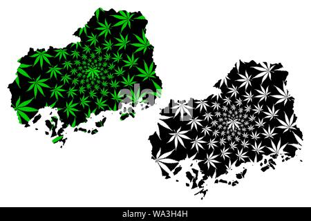 Prefettura di Hiroshima (divisioni amministrative del Giappone, Prefetture del Giappone) mappa è progettato Cannabis leaf verde e nero, Hiroshima mappa fatta di ma Illustrazione Vettoriale