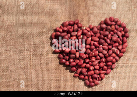 Materie con la buccia delle noccioline formando una forma di cuore sfidando un cuore sano su una tela o tela di sacco con copia spazio. Foto di sfondo per una buona vita sana. Foto Stock