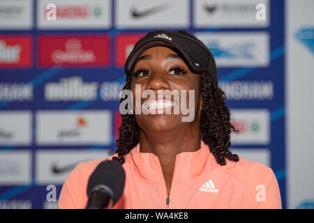 BIRMINGHAM, Regno Unito. 17 Ago, 2019. Kendra Harrison DI STATI UNITI D'AMERICA (100m ostacoli - detentore del record mondiale, World 60m ostacoli campione) durante il Muller Grand Prix Birmingham 2019 Pre-Event conferenza stampa presso il Crowne Plaza Hotel di Sabato, Agosto 17, 2019 a Birmingham in Inghilterra. Credito: Taka G Wu/Alamy Live News Foto Stock