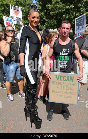 Londra, Regno Unito. Il 17 agosto 2019. I manifestanti al funzionario dei diritti degli animali marzo marciando attraverso Londra è un annuale vegan marzo protestando il trattamento degli animali e organizzato dal pompaggio. Credito: Paul Brown/Alamy Live News Foto Stock